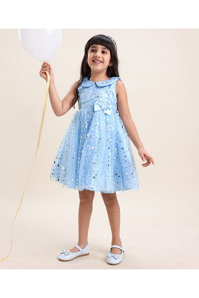 Babyhug Sleeveless Party Wear Star Embellished Mesh Frock - Light Blue