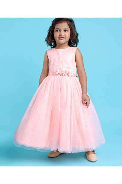 Babyhug Sleeveless Glittery Party Gown with Floral Corsage - Blush Pink