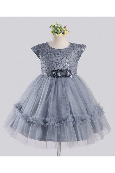 Babyhug Sleeveless Party Wear Frock With Floral Corsage and Sequin Embroidery - Grey
