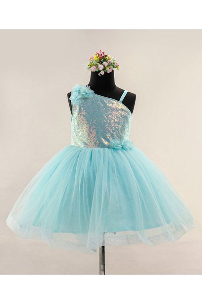 Babyhug Sleeveless Party Wear Frock with Sequins and Corsage - Light Blue