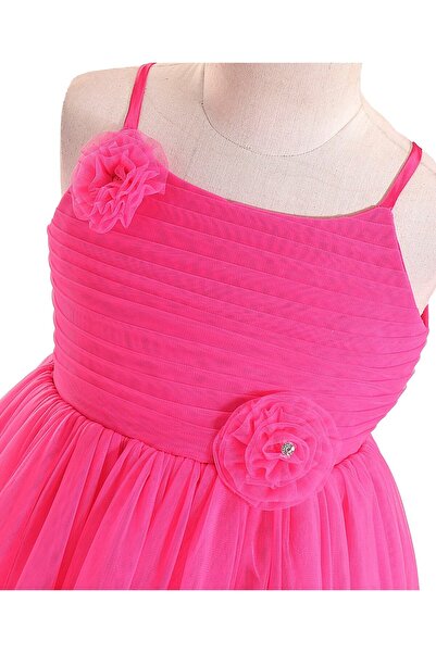 Babyhug Woven Sleeveless Mesh Party Frock With Floral Applique - Fuchsia
