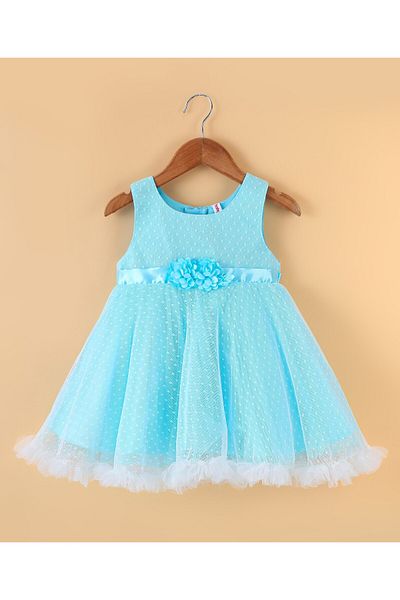 Babyhug Sleeveless  Swiss Dot Design Party Dress with Floral Corsage - Light Blue