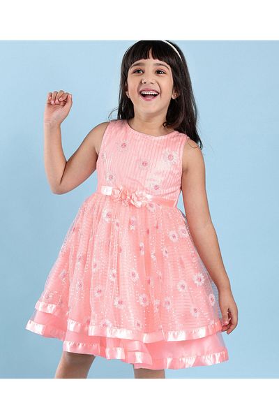 Babyhug Sleeveless Sequinned Party Frock with Floral Corsage - Peach