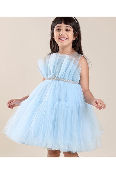 Babyhug Sleeveless Solid Color Mesh Party Frock - Light Blue