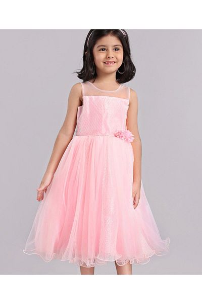 Babyhug Sleeveless Fit and Flare Embellished Party Frock with Corsage - Pink