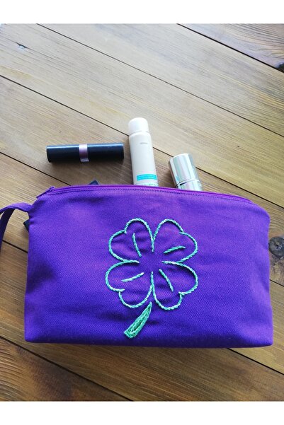 Handream yeşil yonca Nakışlı Mor Makyaj/el Çantası