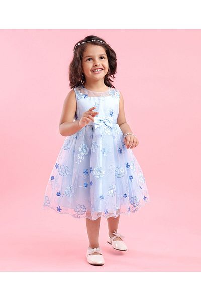 Babyhug Sleeveless Floral Embroidered Party Frock - Blue