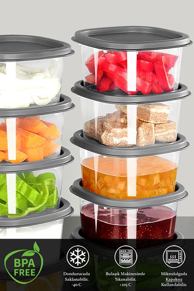 Meleni Home 210ml Anthracite 10 Pieces Square Food Storage Container - Refrigerator and Microwave Freezer Set
