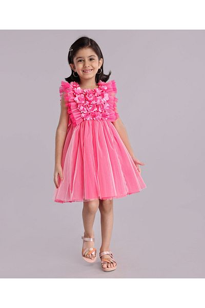 Babyhug Short Frill Sleeves Party Wear Frock with Corsage - Fuchsia