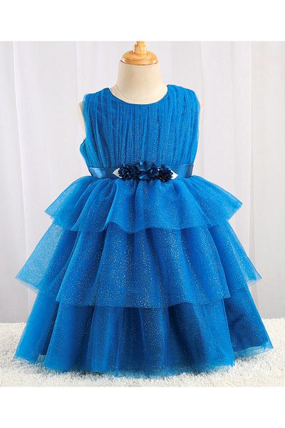 Babyhug Sleeveless Mesh Layered Glittery Party Frock with Floral Corsage - Dark Blue