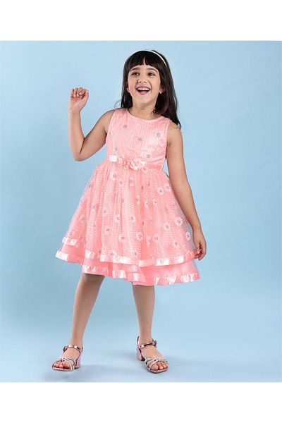 Babyhug Sleeveless Sequinned Party Frock with Floral Corsage - Peach