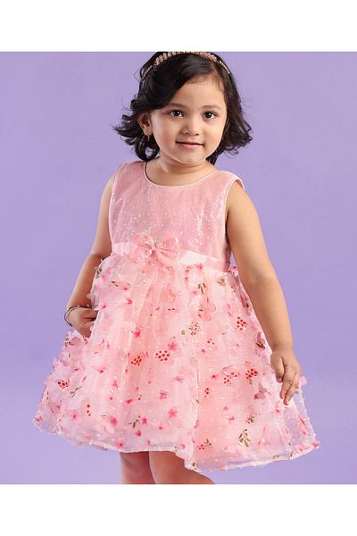 Babyhug Woven Sleeveless 3D Butterfly Fabric Party Frock With Bow  Sequin Embellished - Pink