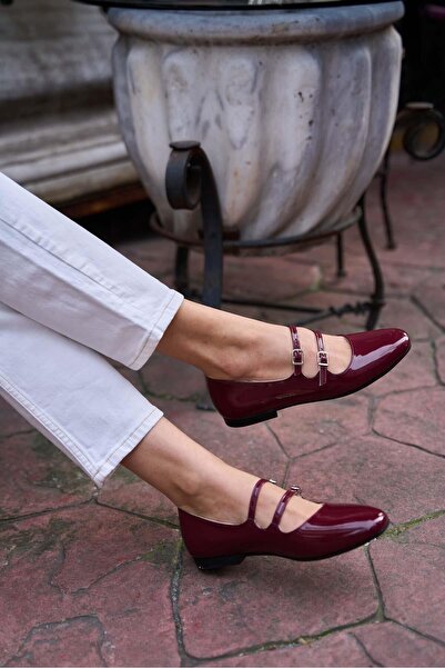 Madamra Claret Red Patent Leather Women's Double Belted Ballerinas