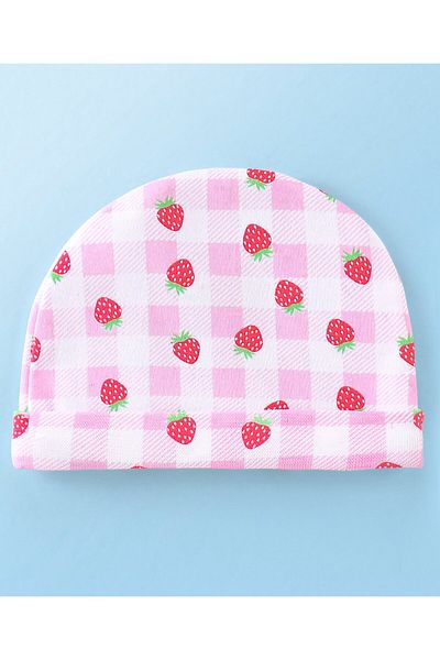 Babyhug 100% Cotton Knit Cap Mittens & Booties With Strawberry Print Pink - Diameter 11.5 cm