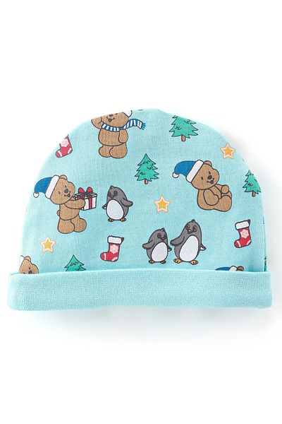 Babyhug 100% Cotton Knit Cap Mittens & Booties Set Teddy Print - Blue