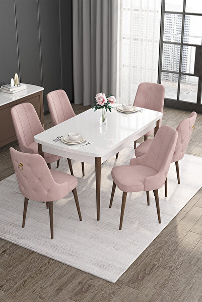 Canisa Noa Serisi 80x132 Açılabilir Mdf Beyaz Masa Ceviz Ayak Masa Takımı Ve ...