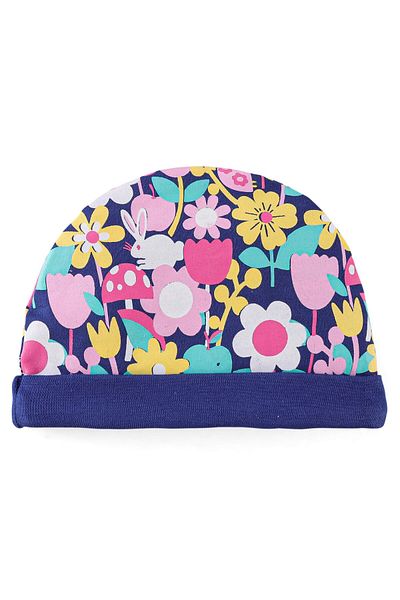 Babyhug 100% Cotton Knit Cap Mittens & Booties Set Floral Print- Navy Blue