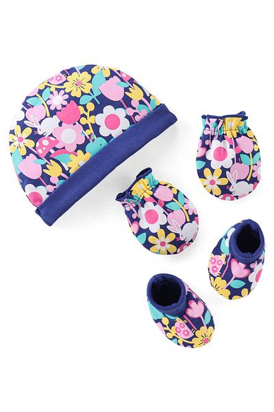 Babyhug 100% Cotton Knit Cap Mittens & Booties Set Floral Print- Navy Blue