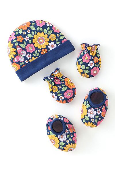 Babyhug 100% Cotton Knit Cap Mittens and Booties Floral Print - Navy Blue