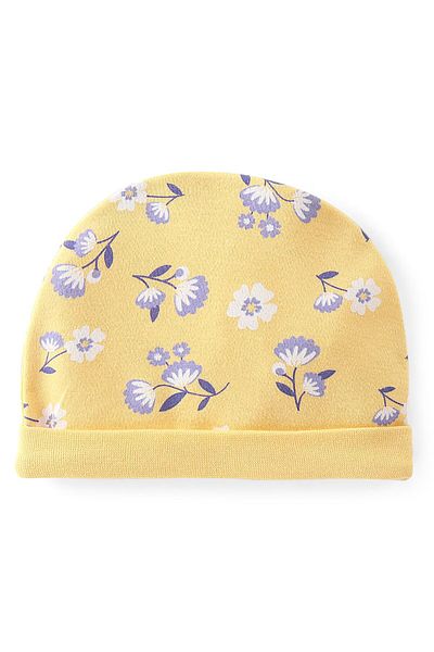 Babyhug 100% Cotton Knit Cap Mittens & Booties Set Floral Print- Yellow