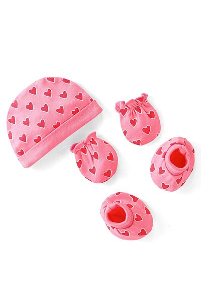 Babyhug 100% Cotton Interlock Knit Cap Mittens And Booties Heart Print - Pink
