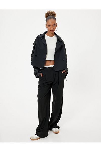 Koton Faux Leather Crop Jacket - Double Breasted Neckline, Button Pocket and Balloon Sleeve