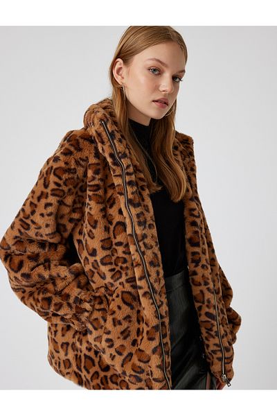 Koton Leopard Print Stand Collar Zippered Plush Coat