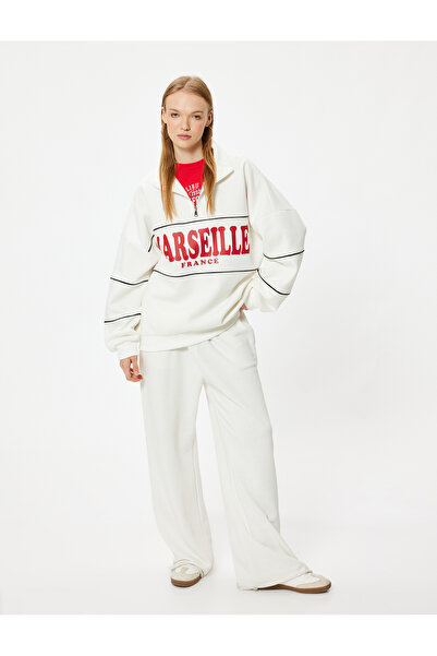 Koton College Printed Oversize Sweatshirt - Half Zipper Hooded