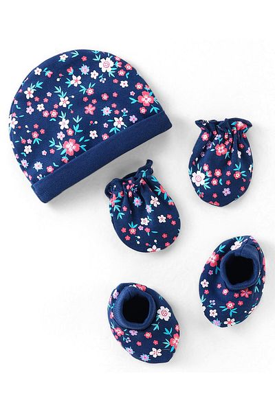 Babyhug 100% Cotton Knit Cap Mittens & Booties With Floral Print Navy Blue - Diameter 10 cm