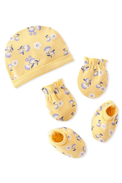 Babyhug 100% Cotton Knit Cap Mittens & Booties Set Floral Print- Yellow