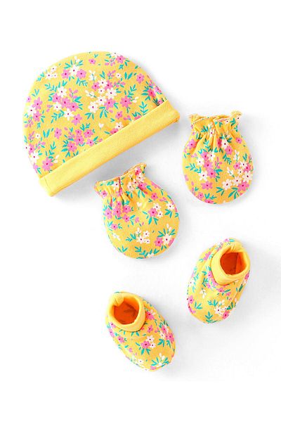 Babyhug 100% Cotton Knit Floral Printed Cap Mittens & Booties Set Yellow - Diameter 12 cm