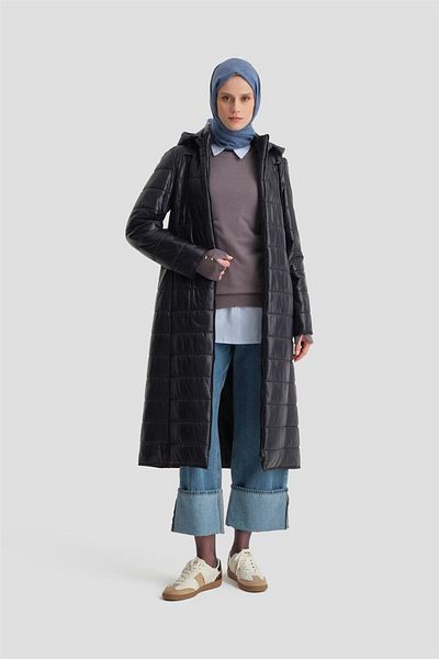 Armine Μπλε Navy Long Quilted Coat - Κουκούλα, 24kd7523