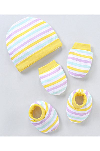 Babyhug قفازات وقبعات مخططة من القطن بنسبة 100% مطبوعة باللون الأصفر والأزرق