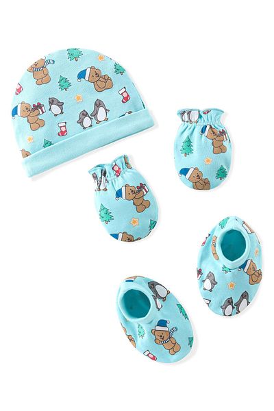 Babyhug 100% Cotton Knit Cap Mittens & Booties Set Teddy Print - Blue