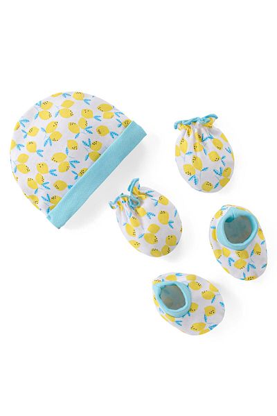 Babyhug 100% Cotton Cap Mittens And Booties Fruit Print -Yellow
