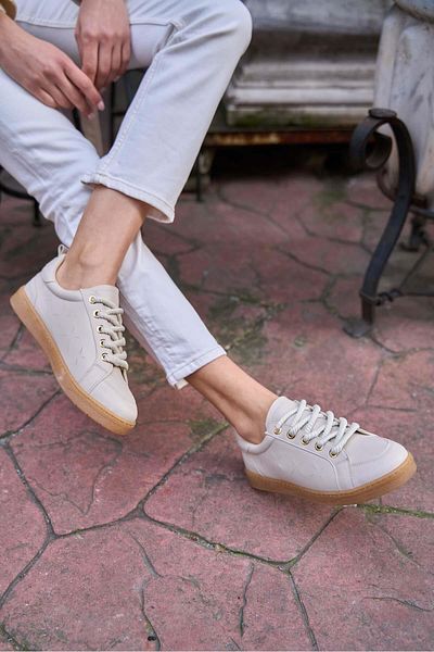 Madamra Beige dicke Damen-Sportschuhe mit Schnürung in Lederoptik