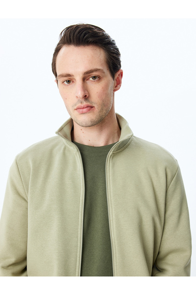 Koton Regular Fit Cotton Blend Raster Long Sleeve Basic Zip-Up Sweatshirt