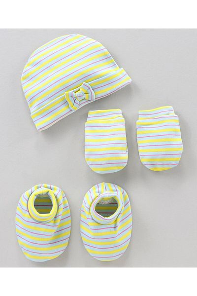 Bonfino Cotton Cap Mittens & Booties Set - Ivory Yellow