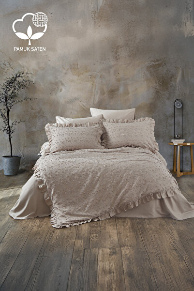 Nazik Home Celine Işlemeli Pamuk Saten Çift Kişilik 6 Parça Nevresim Takımı