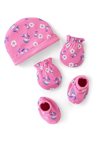 Babyhug 100% Cotton Knit Floral Printed Cap Mittens & Booties - Pink