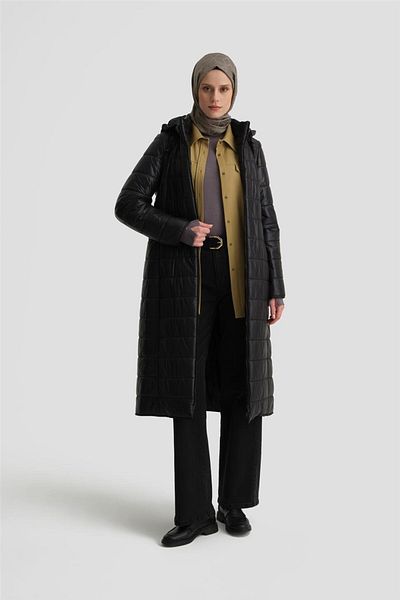 Armine Μακρύ μαύρο καπιτονέ παλτό - Κουκούλα, 24kd7523