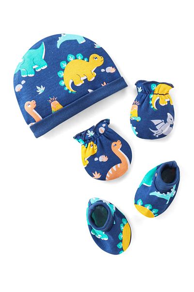 Babyhug 100% Cotton Knit Cap Mittens and Booties Dino Print - Navy Blue