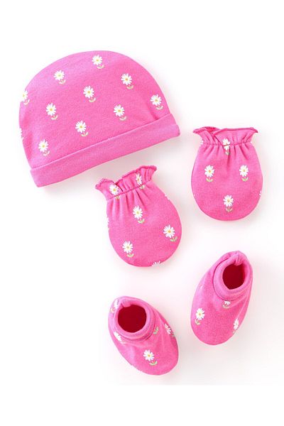 Babyhug 100% Cotton Cap Mittens & Booties Floral Print - Pink