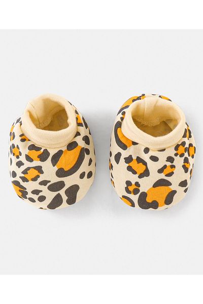 Bonfino 100% Cotton Leopard Print Cap Mittens & Booties Beige - Diameter 11 cm