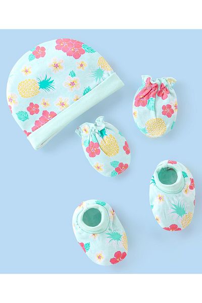 Babyhug 100% Cotton Knit Floral Print Cap Mittens & Booties - Blue