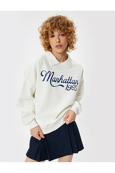 Koton College Printed Polo Collar Oversize Sweatshirt - Long Sleeve