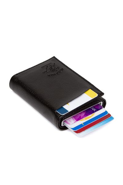 Newish Unisex Black Faux Leather Aluminum Mechanism Slide Card Holder Wallet (7X10 cm)