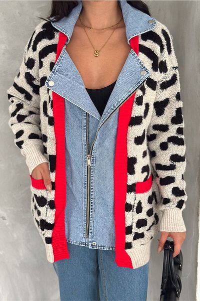 FEMELLE Blugi din denim cu fermoar cu imprimeu leopard de mărime standard pentru femei Cardigan de tricotaj supradimensionat