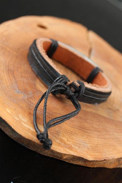 Skygo Black Leather Men's Bracelet - With Steel Accessory