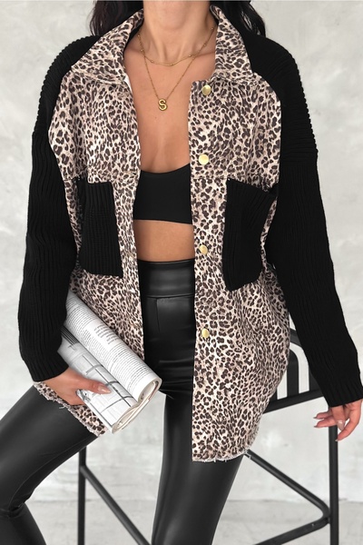 FEMELLE Γυναικεία τυπική ζακέτα με λεοπάρ στάμπα με μανίκια και πλεκτό τζιν με τζιν γαρνιτούρα